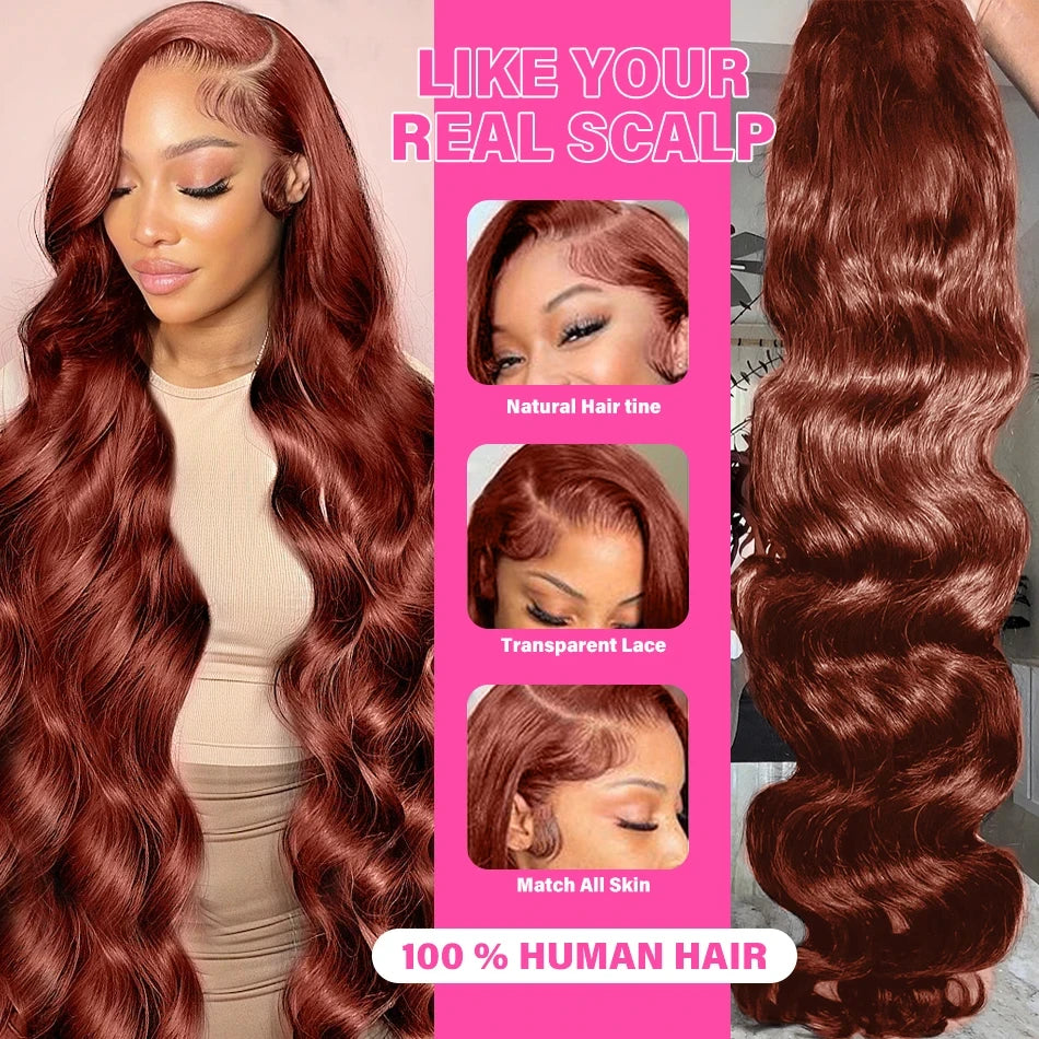 32-36 Inch Reddish Brown Body Wave Lace Front Human Hair Wig