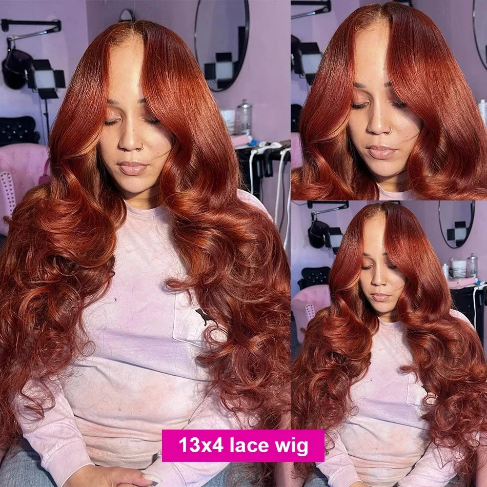 32-36 Inch Reddish Brown Body Wave Lace Front Human Hair Wig