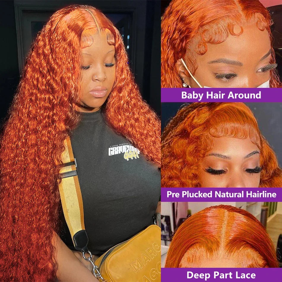 Orange Ginger Curly Wave 250 Density Lace Front Human Hair Wig