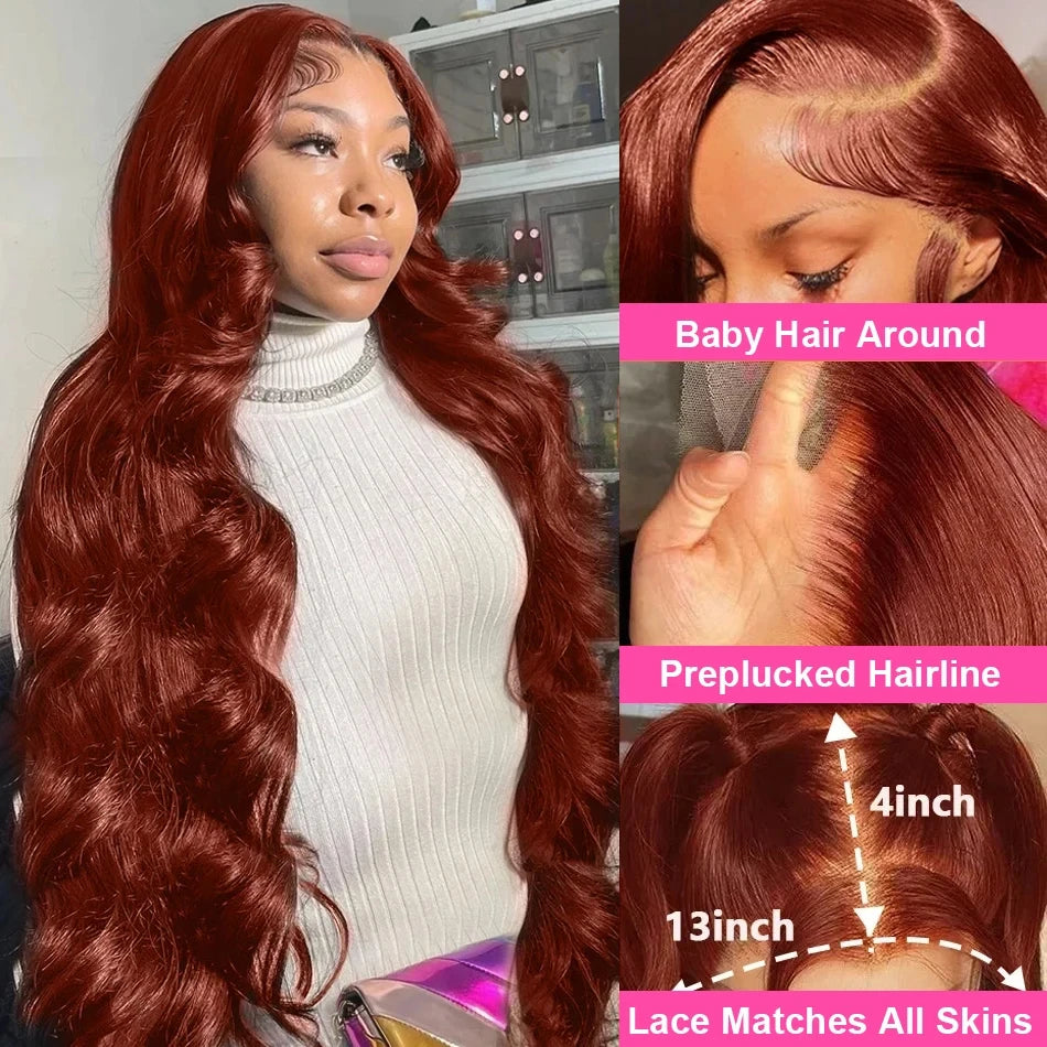 32-36 Inch Reddish Brown Body Wave Lace Front Human Hair Wig