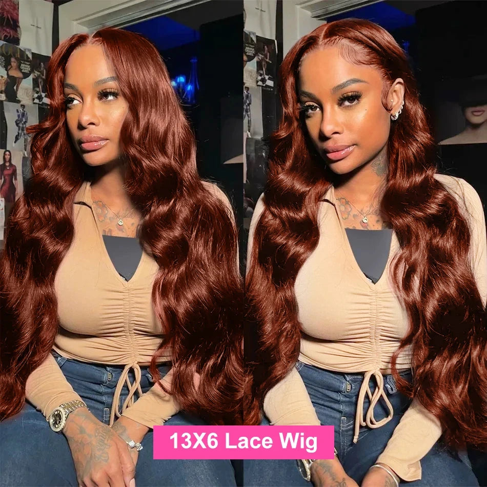 32-36 Inch Reddish Brown Body Wave Lace Front Human Hair Wig