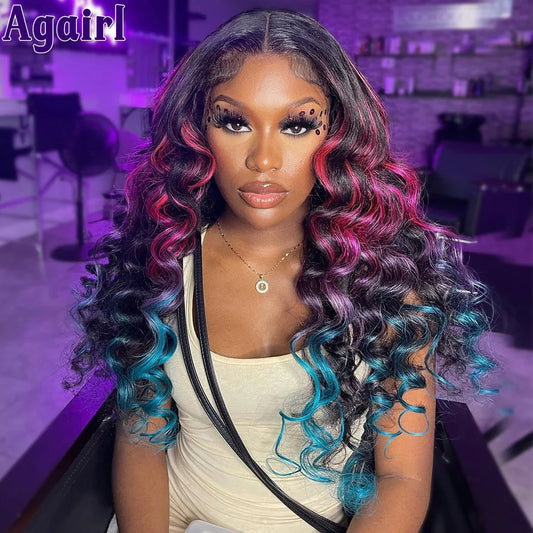 Ombre Pink & Blue 13x6 Lace Front Wig - 180% Loose Wave Hair