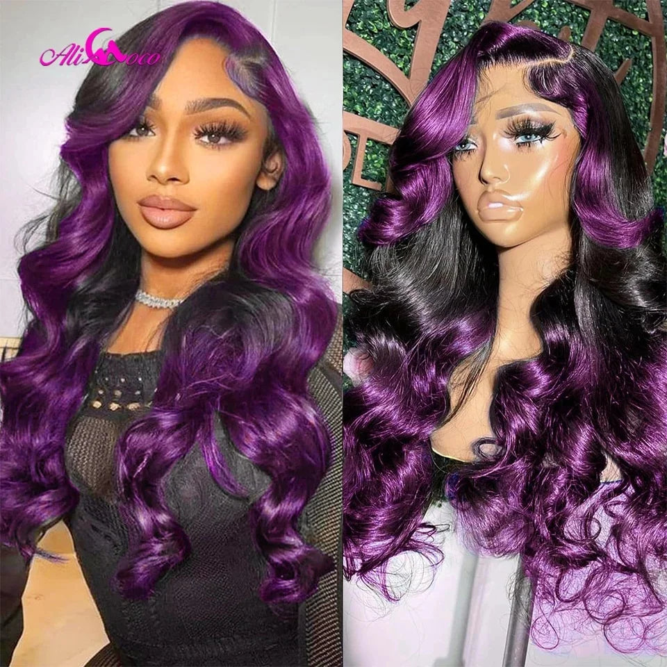 Natural Black Wig with Purple Highlights, Kinky Curly Lace Front