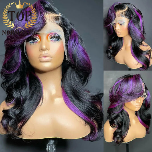 Brazilian Human Hair Wig with Purple Highlights | Lace Front