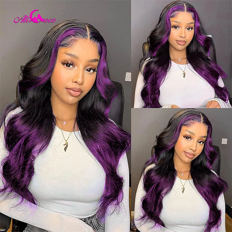 Natural Black Wig with Purple Highlights, Kinky Curly Lace Front