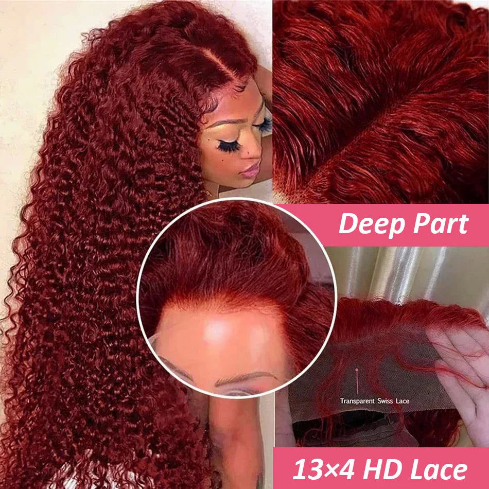 30-40” Burgundy Deep Wave Lace Front Wig | Virgin Human Hair