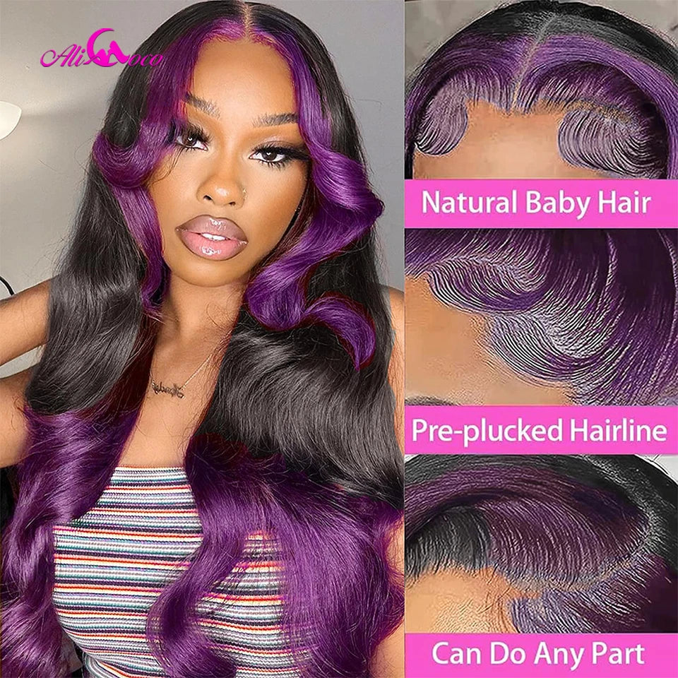 Natural Black Wig with Purple Highlights, Kinky Curly Lace Front