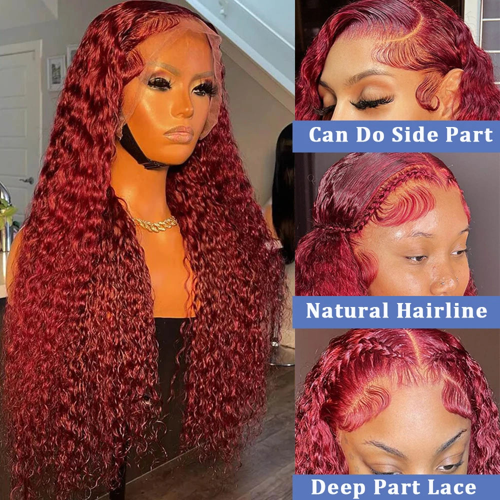 Luxurious Kinky Curly 100% Human Hair Burgundy Red Lace Front Wig