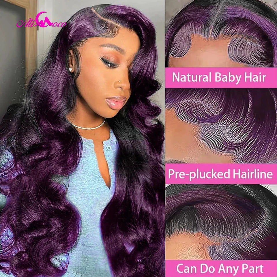 Natural Black Wig with Purple Highlights, Kinky Curly Lace Front