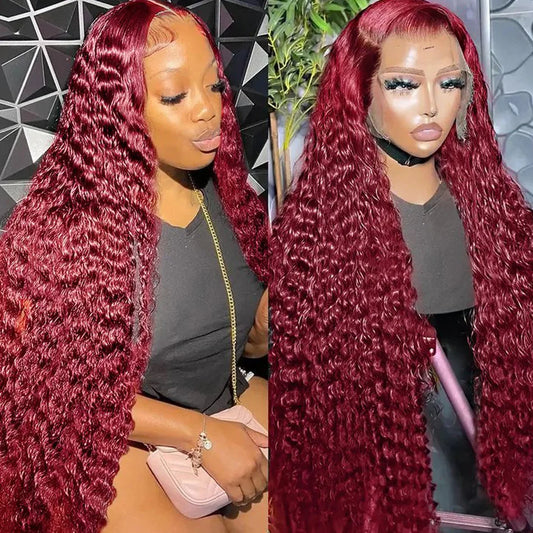 30-40” Burgundy Deep Wave Lace Front Wig | Virgin Human Hair