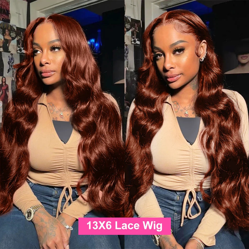 30-32" Reddish Brown Body Wave Lace Front Human Hair Wig