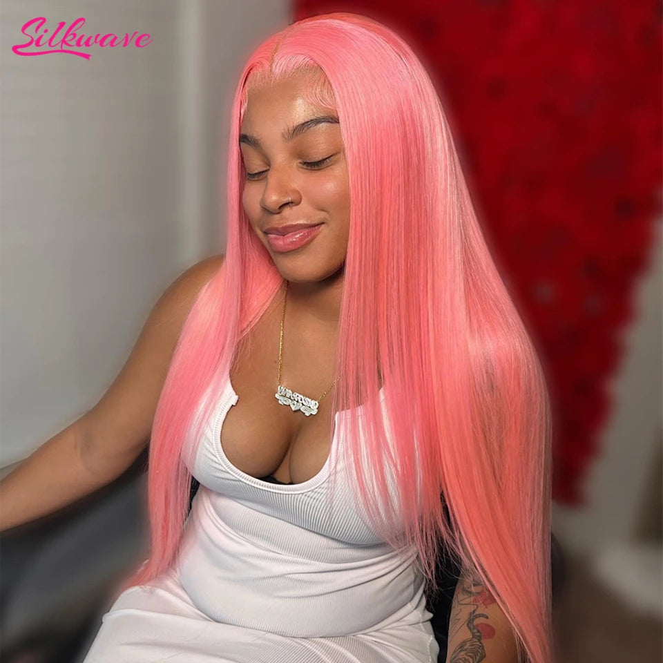 30-36" Pink Lace Front Human Hair Wig HD Lace Glueless Wigs