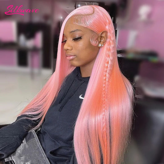 30-36" Pink Lace Front Human Hair Wig HD Lace Glueless Wigs