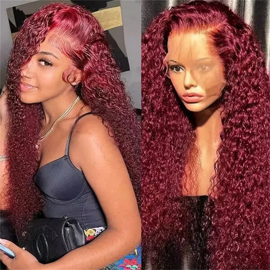 Luxurious Kinky Curly 100% Human Hair Burgundy Red Lace Front Wig