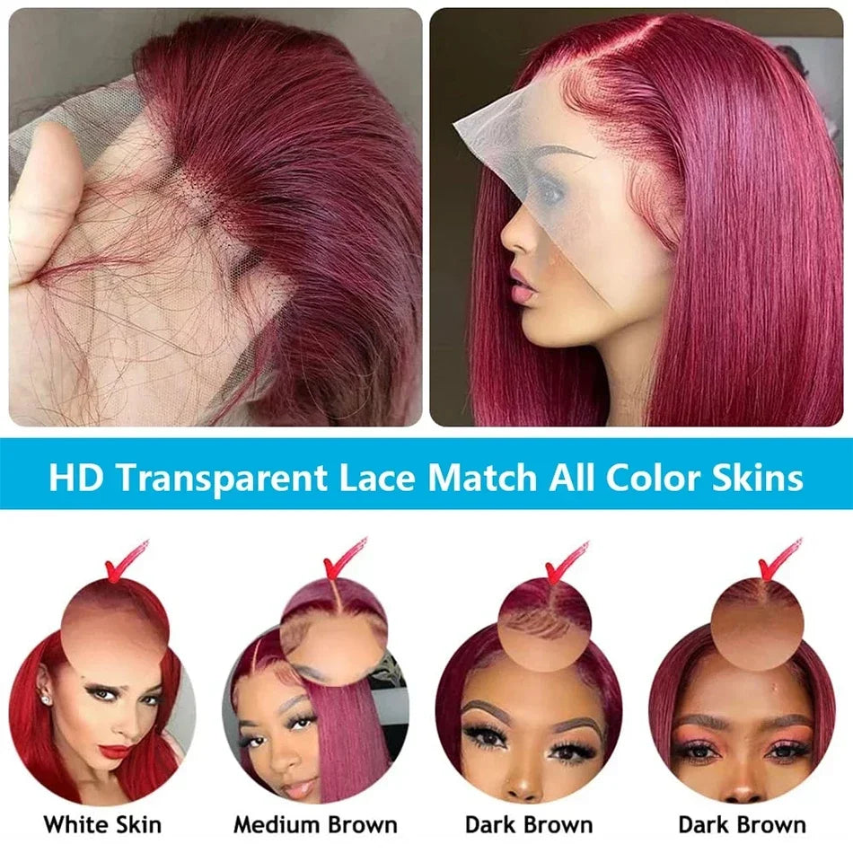 30-40 Inch Burgundy Lace Front Wigs 250 Density HD Human Hair