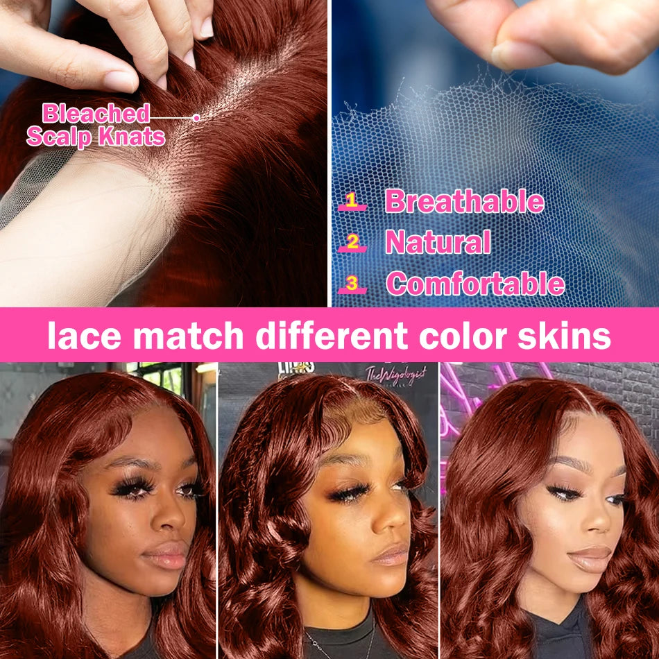 30-32" Reddish Brown Body Wave Lace Front Human Hair Wig