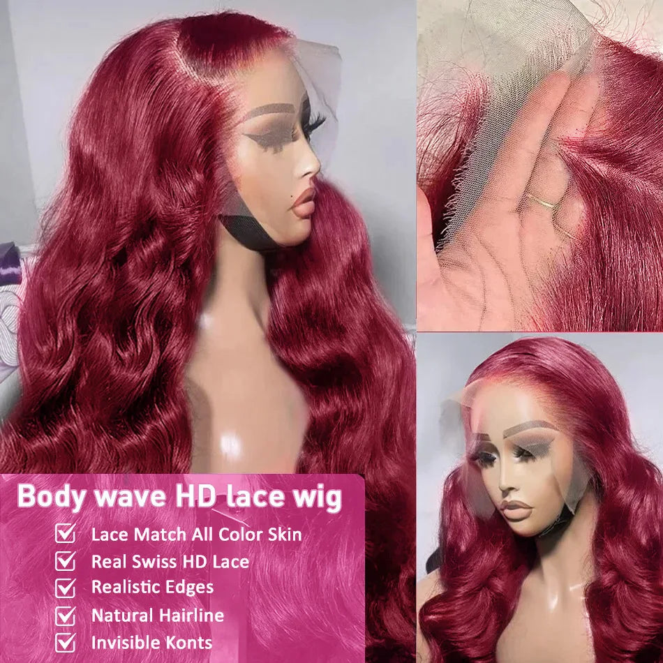 30-40 Inch Burgundy Lace Front Wigs 250 Density HD Human Hair