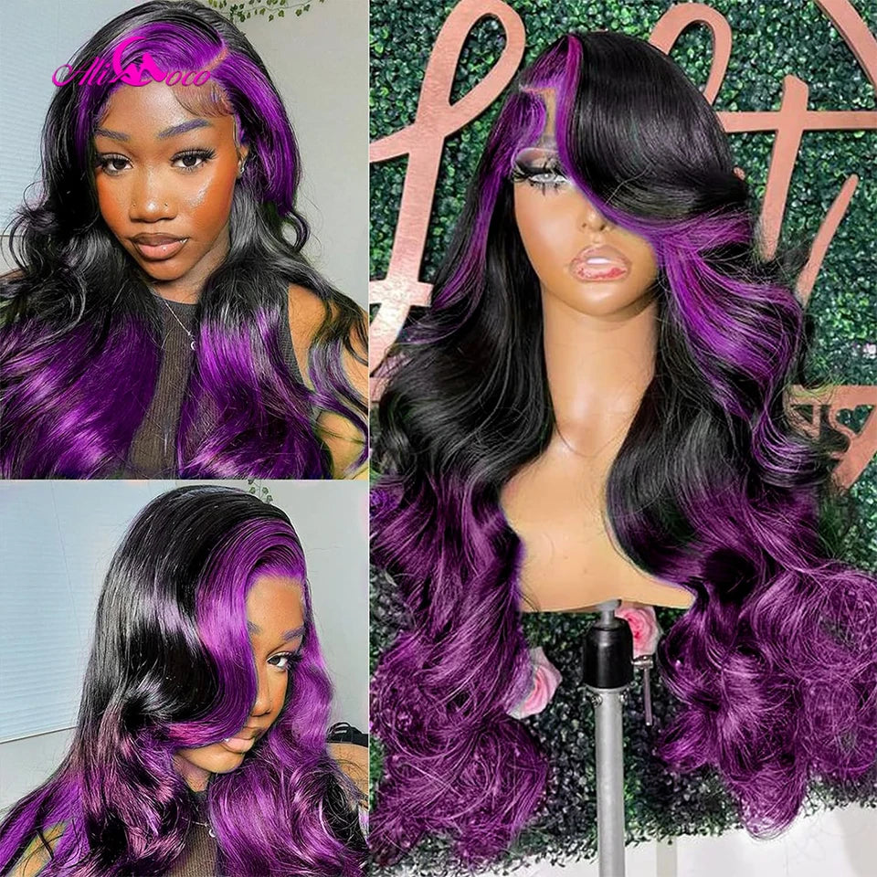 Natural Black Wig with Purple Highlights, Kinky Curly Lace Front