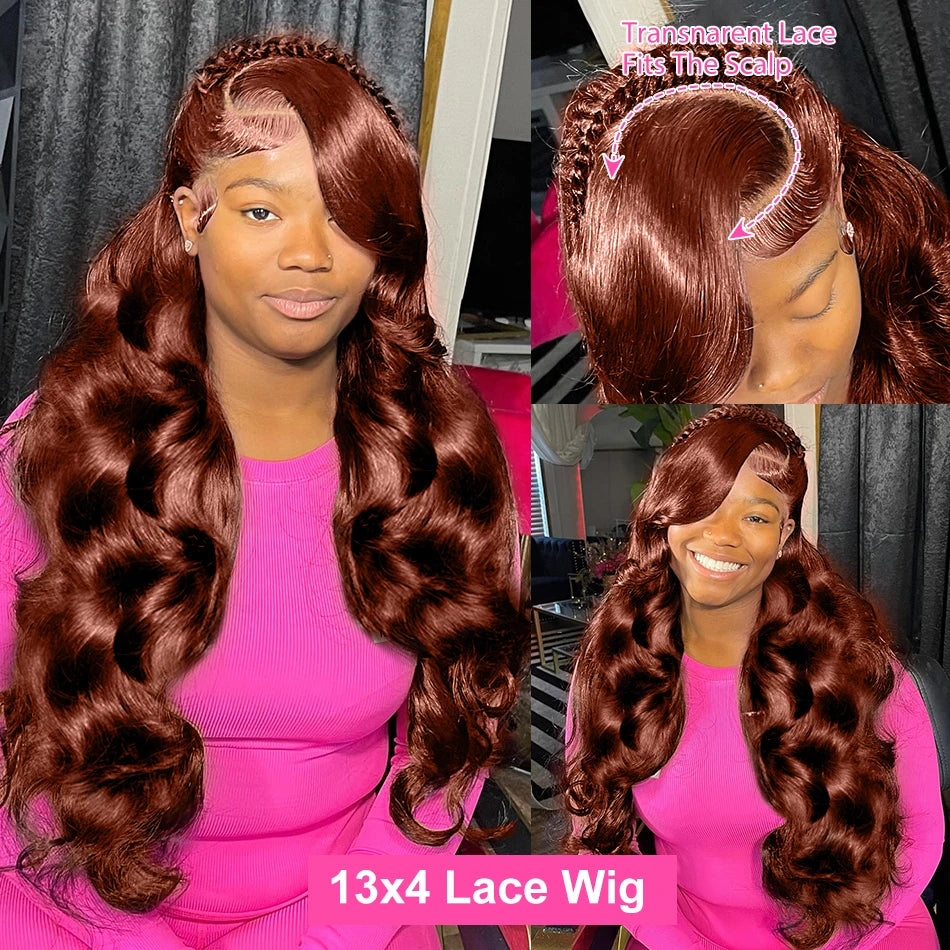 30-32" Reddish Brown Body Wave Lace Front Human Hair Wig