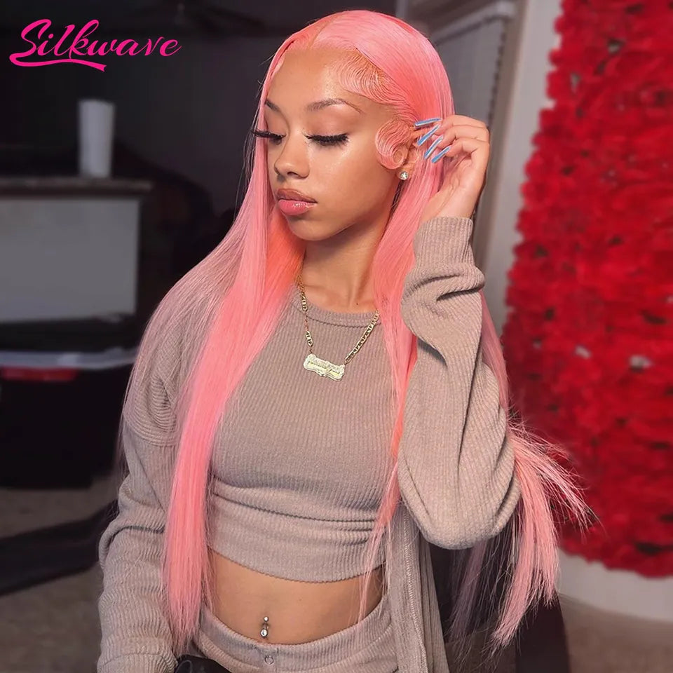 30-36" Pink Lace Front Human Hair Wig HD Lace Glueless Wigs