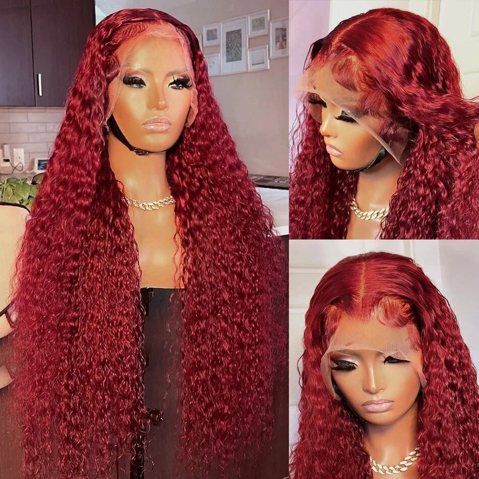 30-40” Burgundy Deep Wave Lace Front Wig | Virgin Human Hair