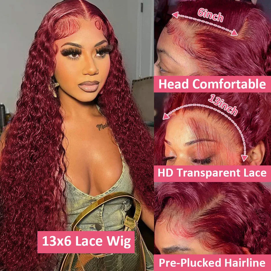 30-40” Burgundy Deep Wave Lace Front Wig | Virgin Human Hair