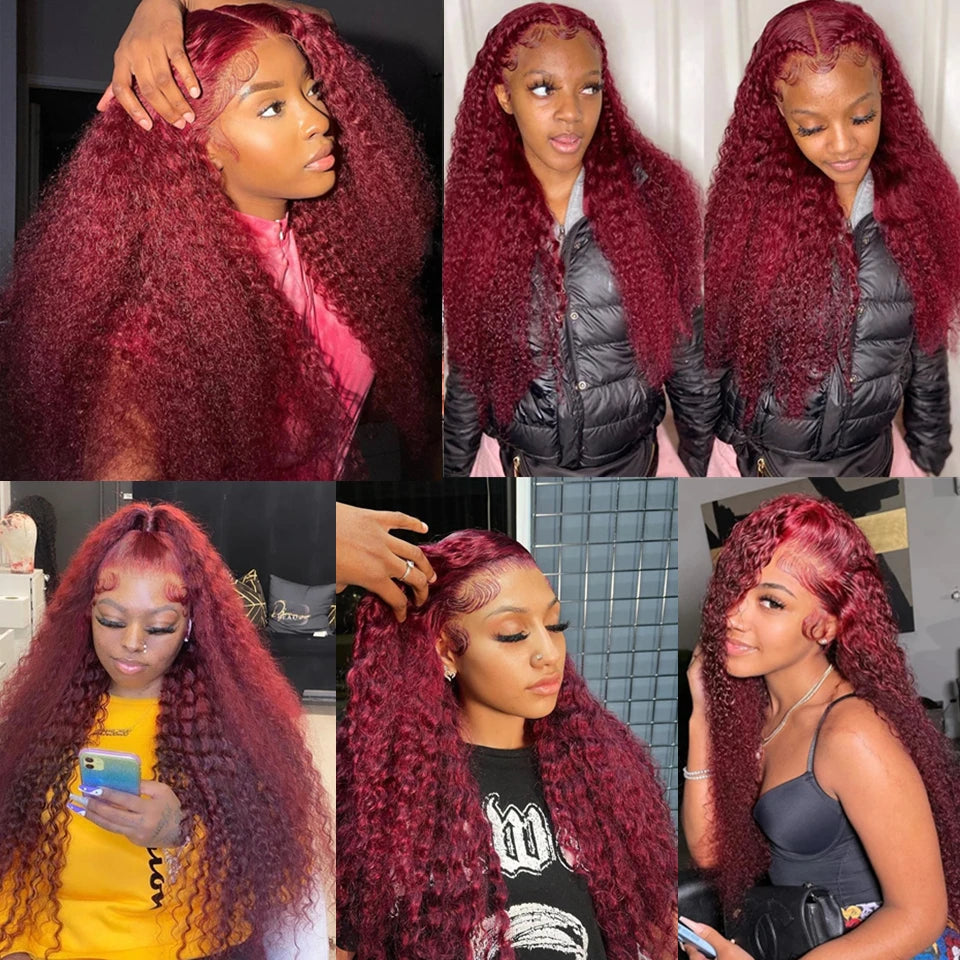 Luxurious Kinky Curly 100% Human Hair Burgundy Red Lace Front Wig