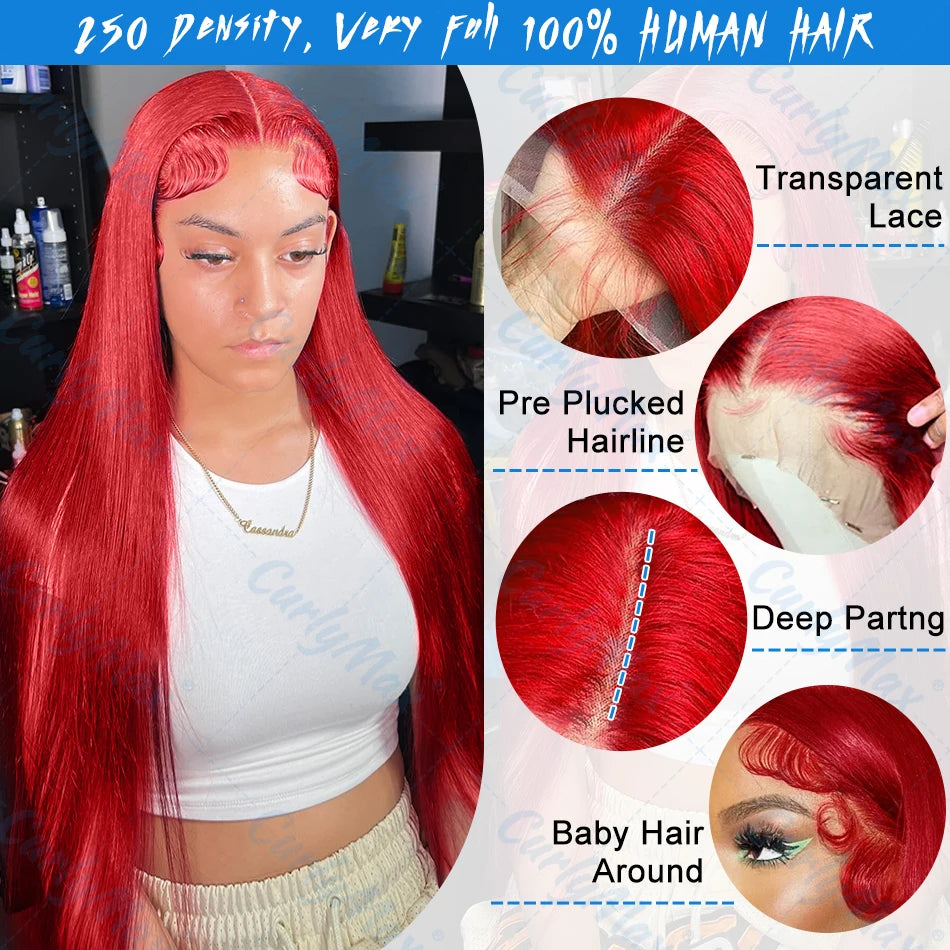 13x4/13x6 Hot Red Bone Straight Human Hair Lace Front Wig Transparent