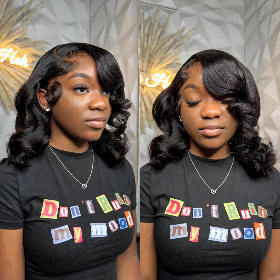 Natural Black Body Wave Short Bob Wig | 8-16” Glueless Lace